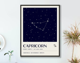 Capricorn Wall Art Poster, Capricorn Zodiac Gifts, Star Sign Astrology Gift, Printable Wall Art Quotes Zodiac, Retro Zodiac Constellation