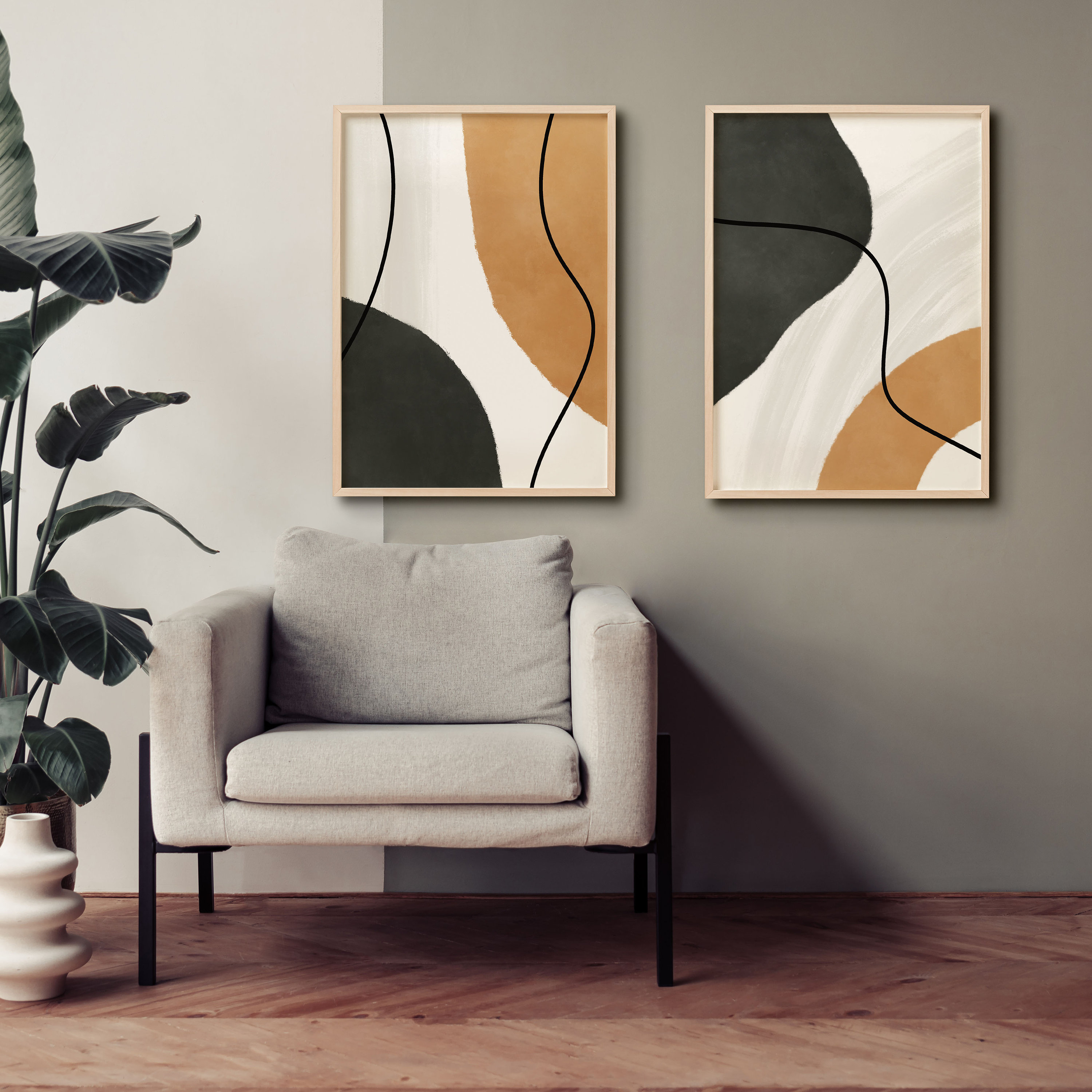 Japandi Wall Art Set of 2 Print, Dark Forest Green Wall Art