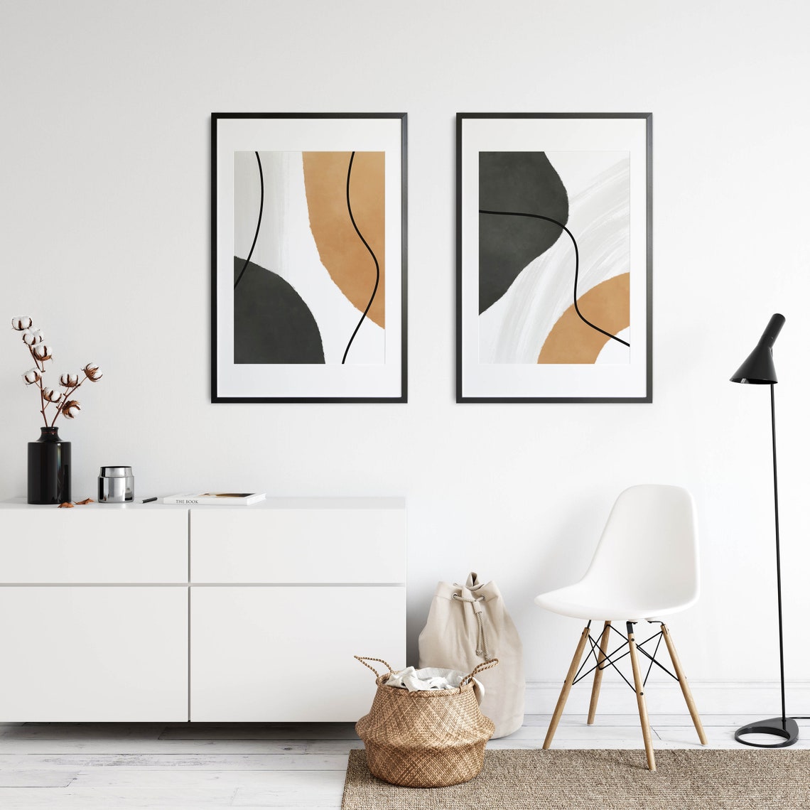 Japandi Wall Art Set of 2 Print, Dark Forest Green Wall Art