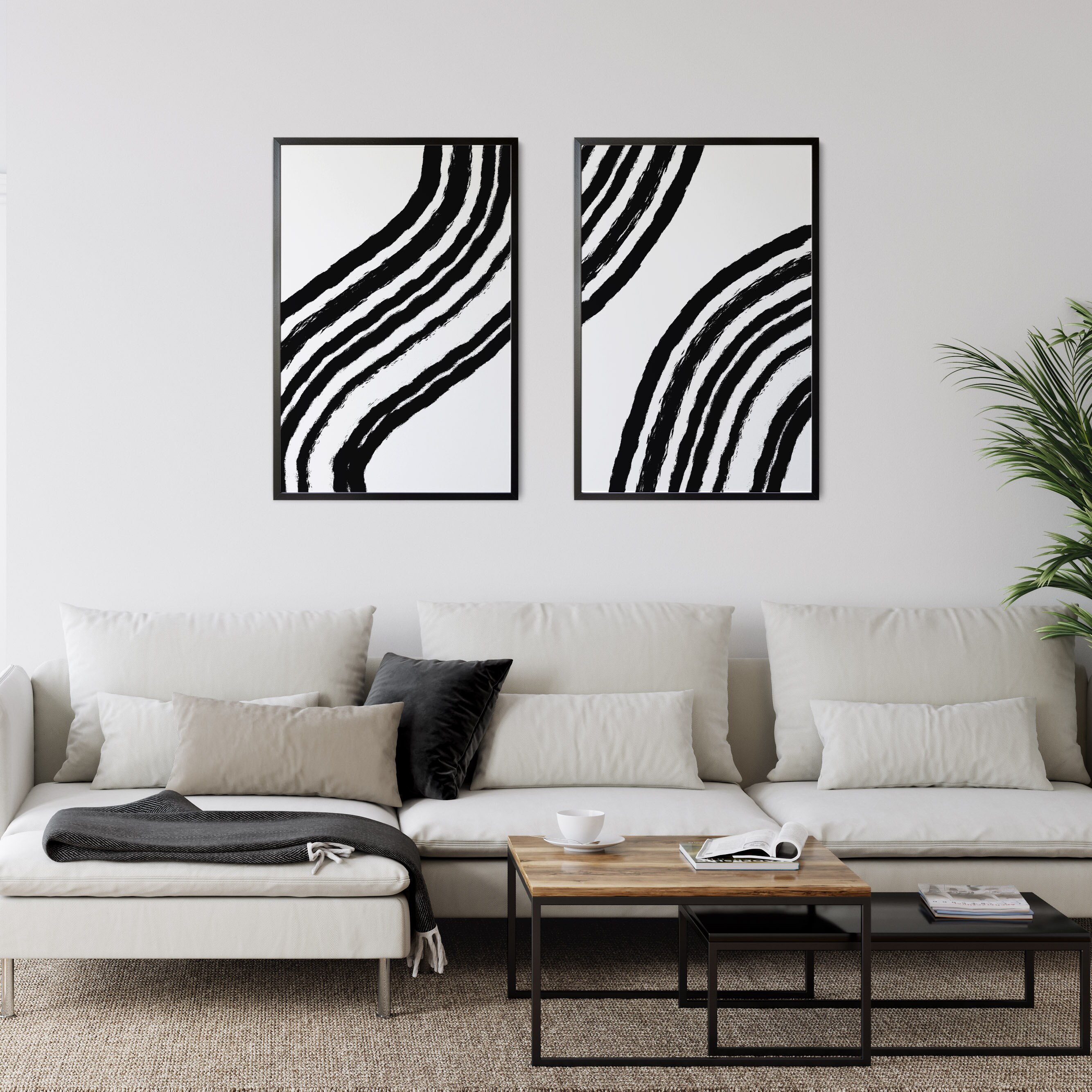 Japandi Wall Art Set of 2 Print, Black and White Abstract Art Print ...