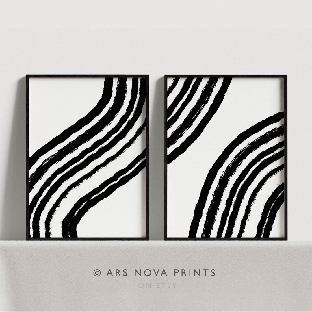 Japandi Wall Art Set of 2 Print, Black and White Abstract Art Print ...
