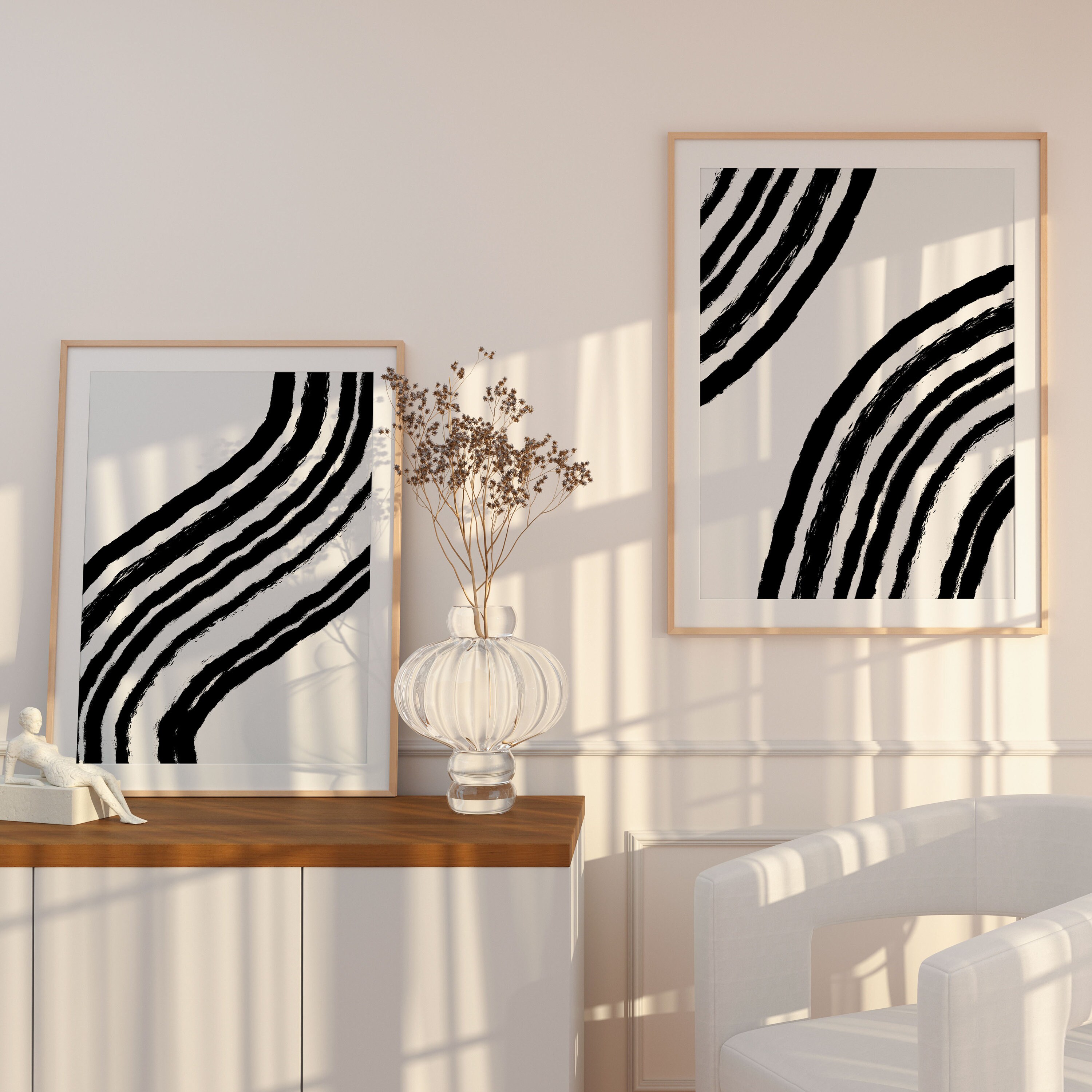 Japandi Wall Art Set of 2 Print, Black and White Abstract Art Print ...