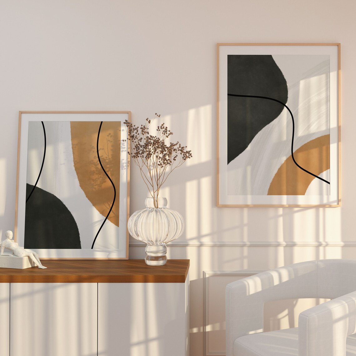 Japandi Wall Art Set of 2 Print, Dark Forest Green Wall Art