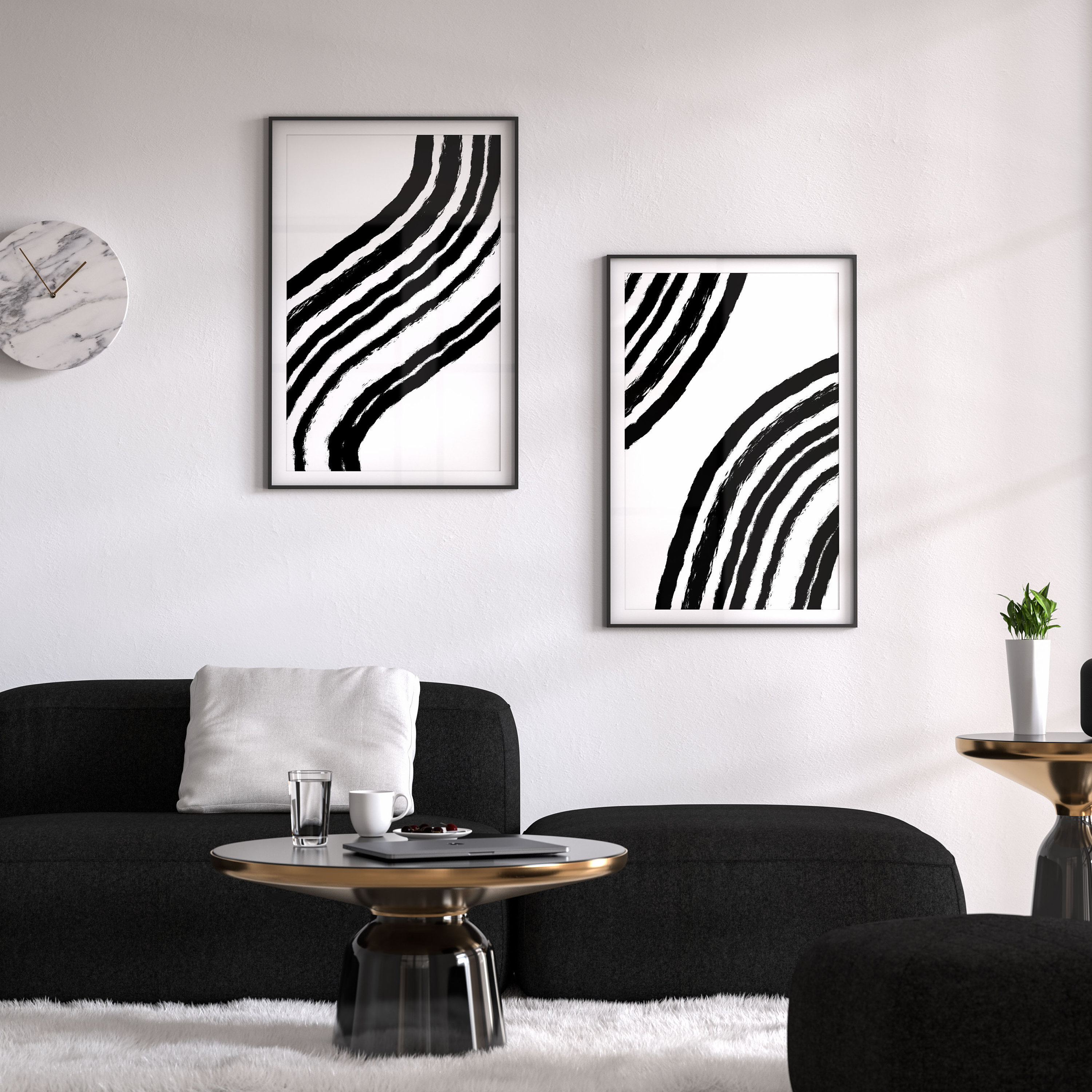 Japandi Wall Art Set of 2 Print, Black and White Abstract Art Print ...