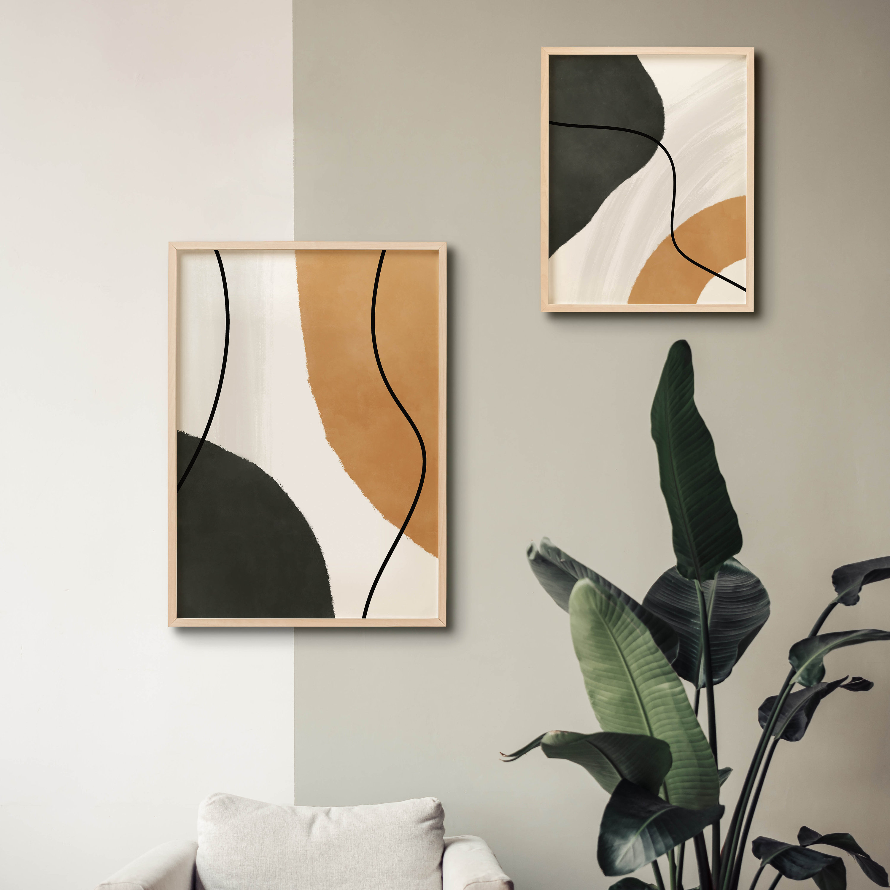 Japandi Wall Art Set of 2 Print, Dark Forest Green Wall Art