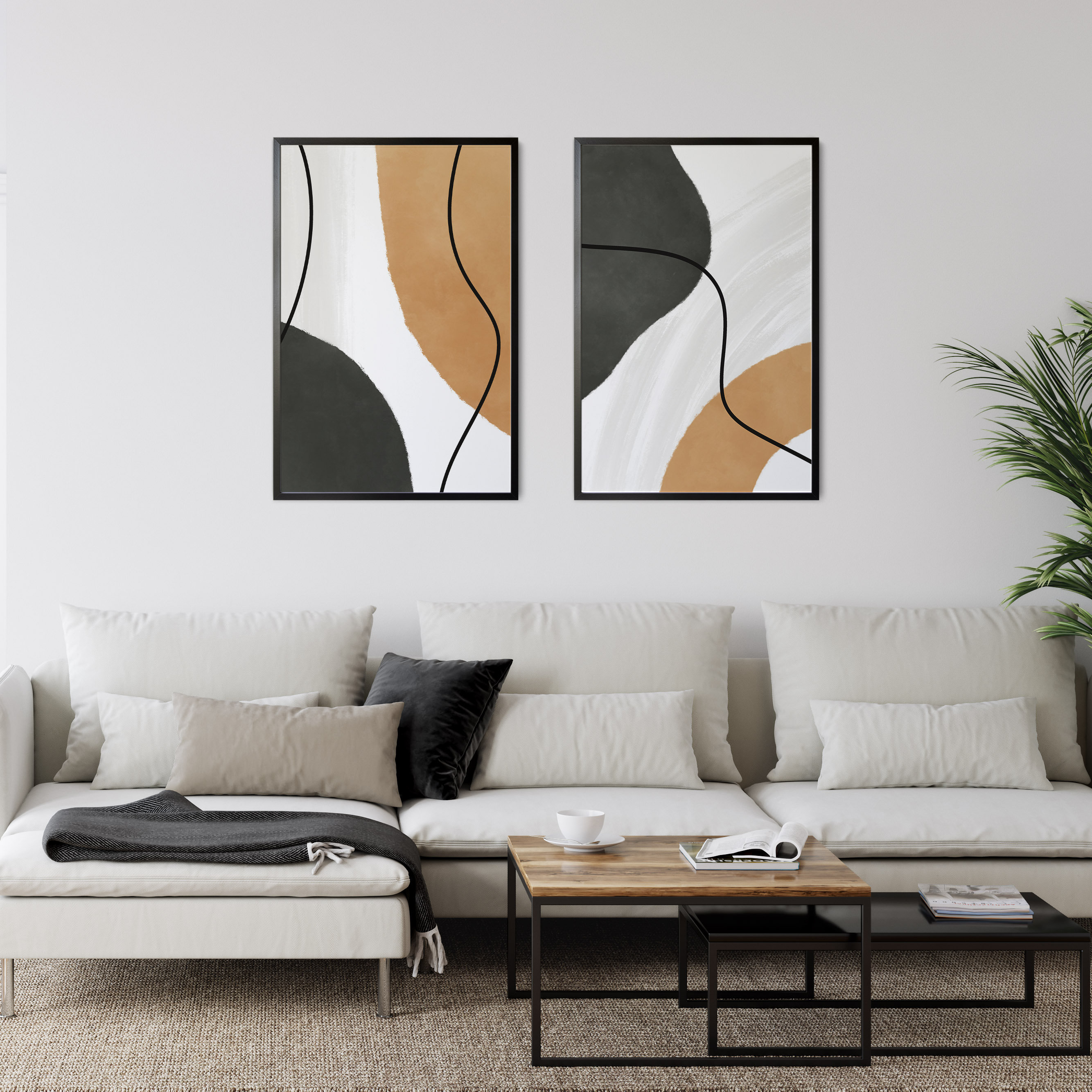 Japandi Wall Art Set of 2 Print, Dark Forest Green Wall Art