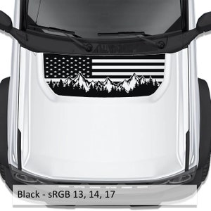 American Flag & Mountains Hood Decal | Blackout Vinyl Graphic Fits Ford Bronco 2021–2023 | Patriotic Off-Road Hood Sticker