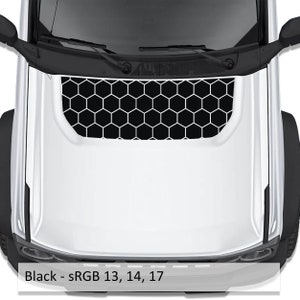 May include: White vehicle hood with a black honeycomb pattern. The hood features a black honeycomb design in the center. The text "Black - sRGB 13, 14, 17" is at the bottom of the image.