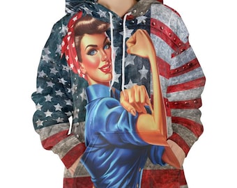 WWII Labor Woman American Flag All-Over Print Lightweight Hoodie