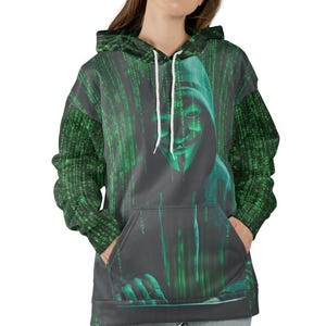 Anonymous Hacker Hoodie - Matrix Style All-Over Print Lightweight