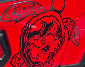 Vinilo adhesivo con diseño tropical de tortuga marina y flor de hibisco de Hawái para coches, Windows y portátiles. Gráfico duradero inspirado en la isla.