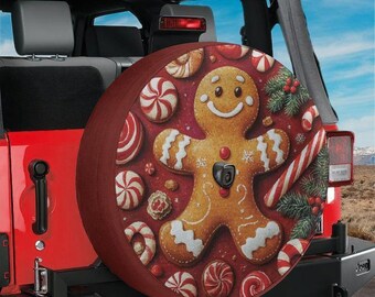 Christmas Gingerbread Man Spare Tire Cover with Backup Camera Hole for Jeep Bronco RV Holiday Tire Cover Cute Cookie Winter Design
