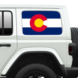 Autocollant en vinyle transparent imprimé pour vitres latérales du drapeau de l&#39;État du Colorado - Pour Jeep Wranglers 2 et 4 portes de 2007 au présent.