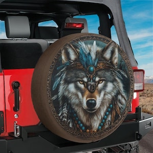 Native American Turquoise Wolf Spare Tire Cover, Animal Spare Back Wheel Cover Custom RV Camper Backup Tire Camera Hole RV Camping Gift
