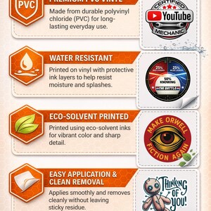 The image is an advertisement for vinyl sticker quality, highlighting the features of premium vinyl stickers, water-resistant stickers, eco-solvent printed stickers, and easy application stickers.