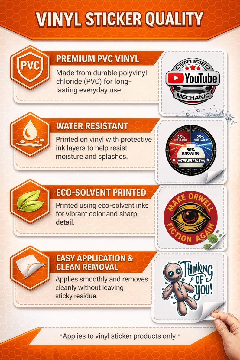 The image is an advertisement for vinyl sticker quality, highlighting the features of premium vinyl stickers, water-resistant stickers, eco-solvent printed stickers, and easy application stickers.
