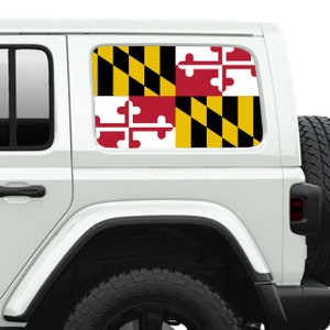 Autocollant en vinyle transparent imprimé pour vitres latérales du drapeau de l&#39;État du Maryland - Pour Jeep Wranglers 2 et 4 portes de 2007 au présent.