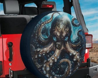 Spare Tire Deep-Sea Majesty: The Kraken Cover With Backup Camera Hole Option For Wrangler Broncos Tire Sizes Full Color RV Camping Gift