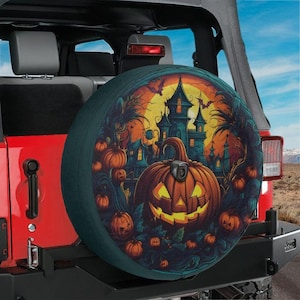 Spare Tire Scary Pumpkin Patch Cover With Backup Camera Hole Option For Wranglers, Broncos Tire Sizes Available Color Print Camping Gift
