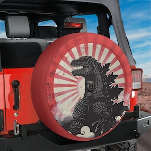 Cubierta para llanta de repuesto Kaiju con diseño japonés Sunburst y opción de orificio para cámara de respaldo para Wranglers y Broncos. Impresión a todo color. Regalo para acampar en casa rodante.