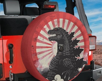 Spare Tire Kaiju Japanese Sunburst Cover With Backup Camera Hole Option For Wranglers, Broncos Tire Sizes Full Color Print RV Camping Gift