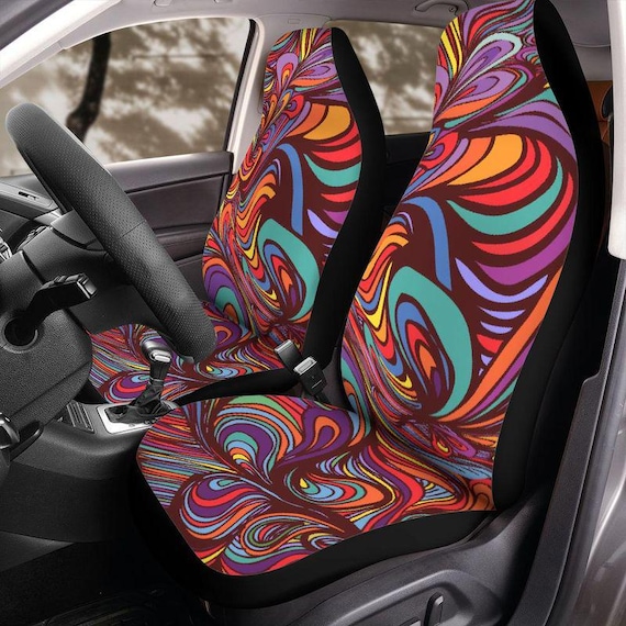 Psychedelic Swirl Seat Covers, Colorful Retro Abstract Front Seat