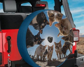 Funny Cat Ring Spare Tire Cover with Backup Camera Hole for Jeep RV or Bronco Curious Cats Group Tire Cover Gift for Cat Lovers