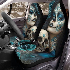 Turquoise Dia de los Muertos Seat Covers Sugar Skull Rose Car Seat Protector for Jeep Bronco SUV Day of the Dead Interior Gift for Her