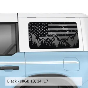 Calcomanías para ventanas traseras con la bandera estadounidense, montañas y árboles. Compatible con Bronco Hardtop de 4 puertas, años 2021 en adelante.