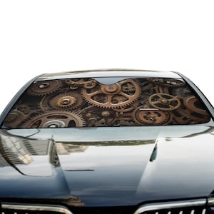 Gears & Sprockets Car Windshield Sunshade, Steampunk Industrial Gear Design Front Window Shade Protector, Auto Sun Visor Cover