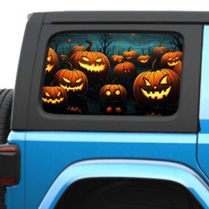 Calcomanía de vinilo transparente perforada impresa para ventanas laterales de calabaza de Halloween - Compatible con Jeep Wrangler de 2 y 4 puertas, años 2007 a la actualidad