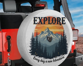 Explore Mountain Sunrise Spare Tire Cover, RV Camping Adventure (Backup Camera Hole)