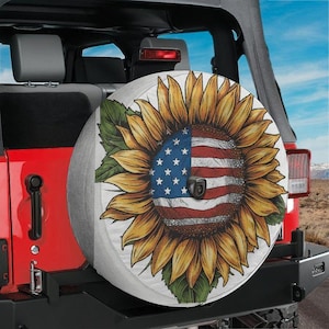 Spare Tire Star-Spangled Sunflower Cover With Backup Camera Hole Option For Wranglers, Broncos Tire Full Color Print RV Camping Gift