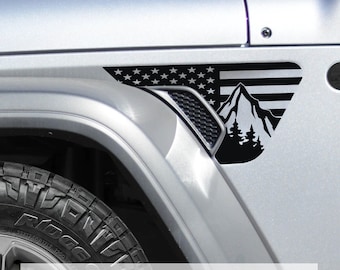 American Flag Behind Mountains Fender Vent Vinyl Transfer Decal for Jeep Wrangler JL and Gladiator JT Patriotic Off-Road Design