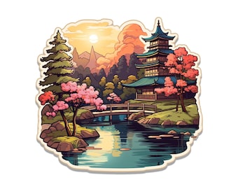 Japanese Garden Vinyl Sticker | Serene Aesthetic Travel Decal for Laptop, Suitcase, Water Bottle, Car, Luggage Tag, Gift for Nature Lovers
