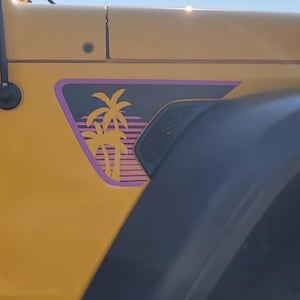 Retro Synth Wave Beach Sunset 2pc Vinyl Fender Decal Graphic for Jeep Wrangler JL and Gladiator JT 2018 and Newer Custom Off-Road Design