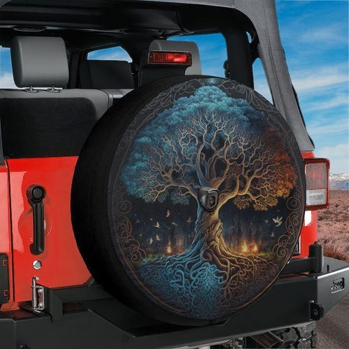 Copriruota di scorta con albero della vita norreno e foro per telecamera di retromarcia, compatibile con Wrangler, Bronco e tutte le misure di pneumatici. Stampa a colori. Idea regalo per camper e campeggio.