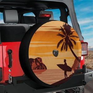 Spare Tire Sunset Surfer Cover With Backup Camera Hole Option For Wrangler Broncos Tire Sizes Available Full Color Print RV Camping Gift