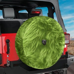 Lime Green Christmas Fuzzy Spare Tire Cover With Backup Camera Hole Option for Jeep Bronco RV SUV Whoville Holiday Style