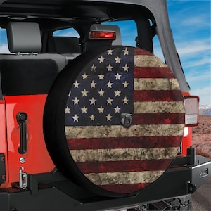 Spare Tire Black Bordered Rustic American Flag Cover With Backup Camera Hole Option For Wranglers, Broncos Full Color Print RV Camping Gift