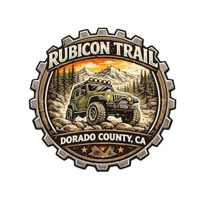 May include: A circular emblem featuring a green off-road vehicle traversing a rocky terrain, set against a backdrop of mountains and pine trees. The text "RUBICON TRAIL" and "DORADO COUNTY, CA" are prominently displayed.