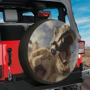 Lustige Katze T-Rex Reifenabdeckung Dinosaurier Design für Jeep Bronco RV Reserveradabdeckung mit Rückfahrkameraloch Einzigartiges Geländewagengeschenk