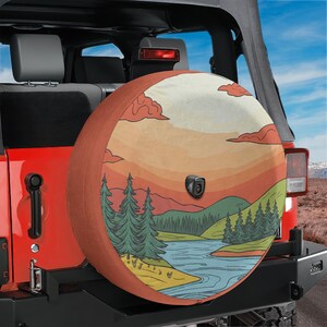 Copertura per ruota di scorta con paesaggio minimalista e tramonto sereno, con foro per telecamera di retromarcia, per Wrangler, Broncos, camper, campeggio, regalo
