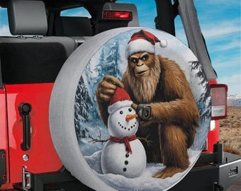 Bigfoot Building a Snowman Spare Tire Cover With Backup Camera Hole Option For Wranglers Broncos Tire Available Full Color RV Camping Gift