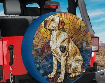 Golden Labrador Mosaic Spare Tire Cover With Backup Camera Hole Option For Wrangler Broncos Tire Sizes Full Color Print RV Camping Gift