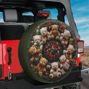Spare Tire Teddy Bear Wreath Cover With Backup Camera Hole Option For Wrangler, Broncos Tire Available Full Color Print RV Camping Gift