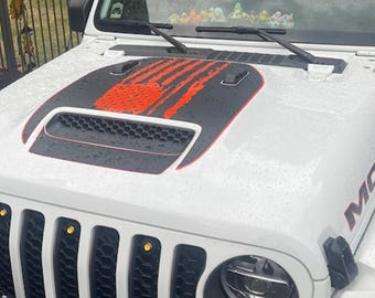 Tattered 2-Layer American Flag Clawed Foot Vinyl Hood Decal Set for Jeep Wrangler 392 & Gladiator Mojave Hoods, Custom Off-Road Design