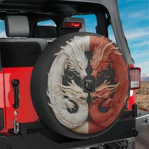 Spare Tire Balance of the Dragons Cover With Backup Camera Hole Option For Wrangler, Broncos Tire Sizes Full Color Print RV Camping Gift