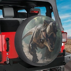 Zapasowe koło T-Rex Ładowanie Dinozaur Zapasowe koło Pokrowiec z Otworem na Kamerę Cofania Opcja Dla Wranglers, Broncos Pełnokolorowy Nadruk RV Camping Prezent