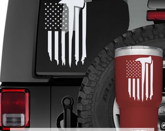 Firefighter Thin Red Line Flag Vinyl Decal with Axe | USA Patriotic Sticker for Car, Helmet, Laptop, or Toolbox | First Responder Gift